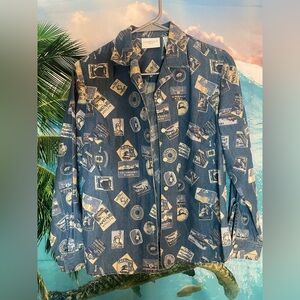 Vintage Liz Claiborne Travel Stamp Print Button down long sleeve  denim shirt SP